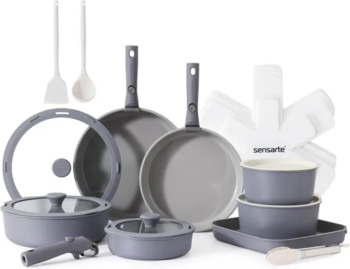 Miniatura 8 de SENSARTE Juego de 24 piezas de ollas y sartenes de cerámica, antiadherentes con mango desmontable, utensilios de cocina de inducción con mango Azul