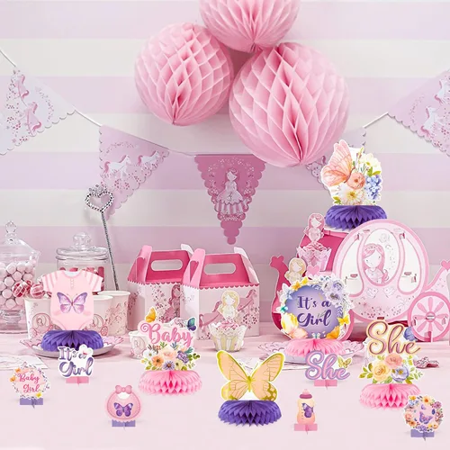 Miniatura 5 de JAPBOR 12 centros de mesa de mariposa para baby shower, fiesta de panal de abeja, decoraciones moradas y rosas para fiesta de revelación de género