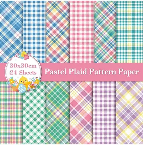 Miniatura 8 de Whaline 24 hojas de papel de primavera pastel con patrón a cuadros, 12 diseños, álbumes de recortes, papel especial para Pascua, papel decorativo