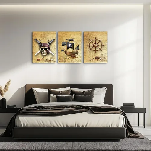 Miniatura 4 de Barco pirata y timones - Lienzo decorativo para pared de sala de estar, dormitorio, decoración de pared, decoración de pared de baño, decoración