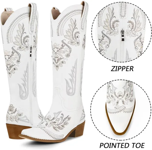Miniatura 4 de CORNMOOD Botas vaqueras bordadas para mujer, botas vaqueras occidentales de moda con cremallera y tacón de madera Wodden