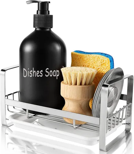 TEZZ Soporte para esponjas de cocina, organizador de fregadero de acero inoxidable para guardar esponjas, cepillos y dispensador de jabón para Plata