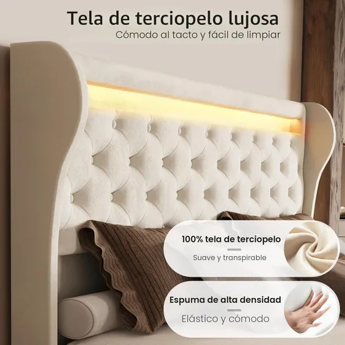 Miniatura 5 de Belffin Armazón de Cama Tamaño King con Cabecero, Cabecero Tapizado de Terciopelo de 50 pulgadas de Alto, Cama Plataforma con Luces LED y 2 Puertos