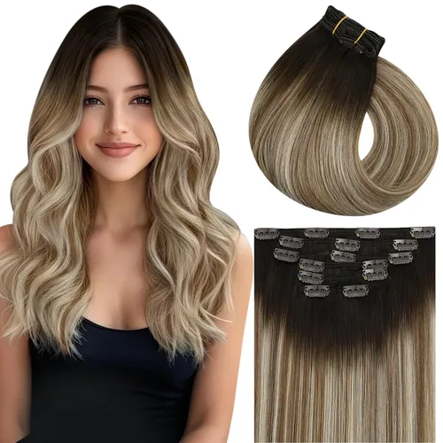 Miniatura 27 de Vivien Extensiones de cabello humano con clip, color negro azabache, extensiones de cabello humano real con pinzas invisibles, doble trama, 14