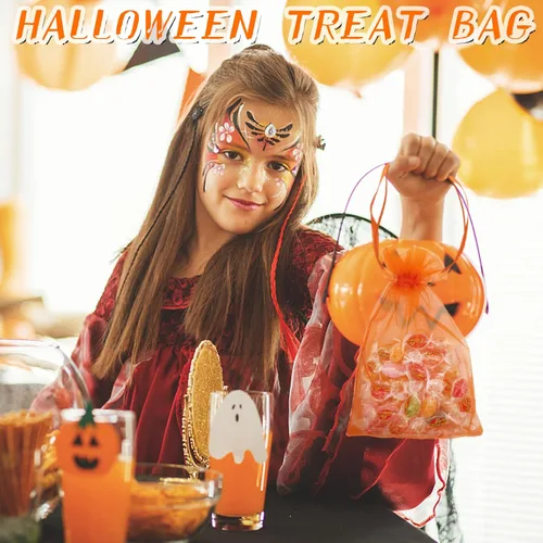 Miniatura 2 de Jexila - 100 bolsas de organza naranja de 5 x 7 pulgadas con cordón para calabazas de Halloween, bolsas de regalo para niños, bolsas de dulces