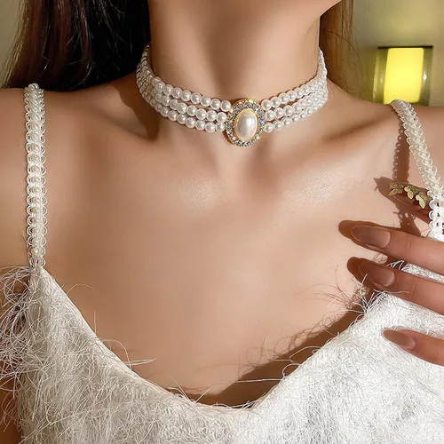 Miniatura 7 de NEWITIN 6 collares de perlas de diamantes de imitación para mujer, gargantilla de perlas en capas con diamantes de imitación de los años 20, collar