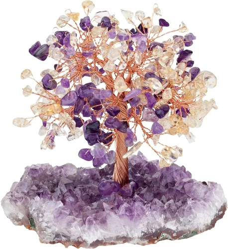 Miniatura 10 de Amogeeli Árbol de dinero de cobre con cristal curativo con base de racimo de amatista cruda, piedra zen bonsái para decoración del hogar