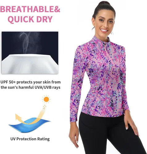 Miniatura 122 de WOWENY Camiseta deportiva de manga larga para mujer, con cremallera de un cuarto, cuello para entrenamiento, camiseta de tenis con estampado