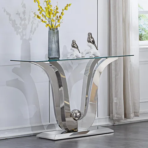 Miniatura 51 de Mesa de centro de cristal de lujo, mesa de centro de sofá de 47 pulgadas con marco de acero inoxidable dorado y parte superior de vidrio negro, mesa