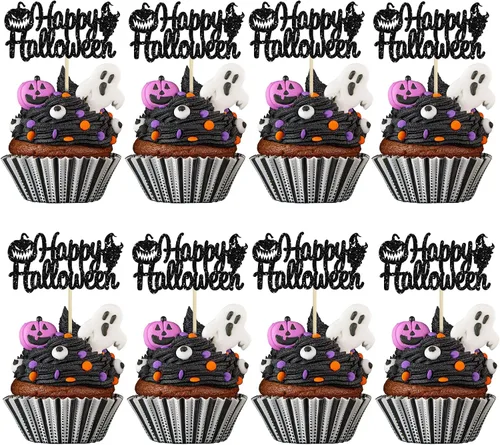 Gyufise 24 adornos para cupcakes de Halloween con calabaza, fantasma, purpurina negra, decoraciones para cupcakes para niños, decoración de fiesta