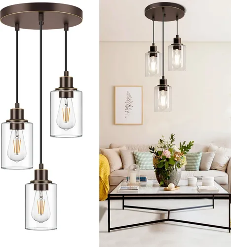 MAXvolador Lámpara colgante industrial de 3 luces, lámpara de techo colgante ajustable con pantalla de vidrio transparente, iluminación colgante con