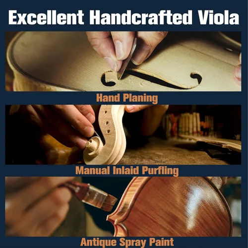 Miniatura 3 de Mendini by Cecilio Juego de viola de madera maciza de 14 pulgadas para principiantes, kit de viola acústica tallada a mano con estuche rígido, arco