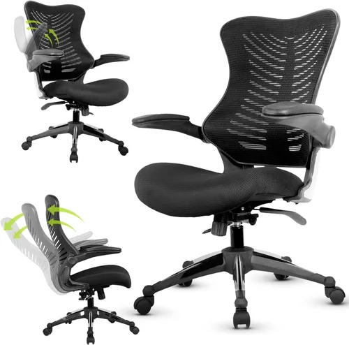 Officefactor Silla ergonómica de malla transpirable con reposabrazos abatibles, soporte lumbar, silla giratoria ejecutiva para computadora, oficina