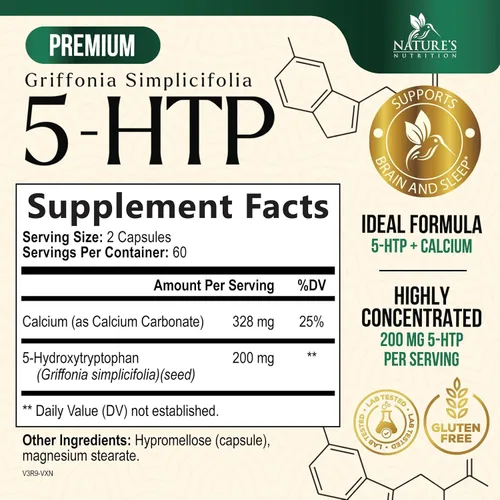 Miniatura 2 de 5 cápsulas de hidroxitriptófano – 200 mg por porción Suplemento 5 HTP más calcio para la salud cerebral y apoyo al sueño, fórmula extra fuerte