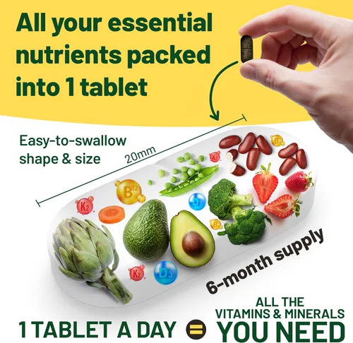 Miniatura 4 de Multivitamínicos y minerales veganos con vitamina B12, D3 y K2. 180 tabletas multivitamínicas - suministro de 6 meses. Vitaminas para veganos