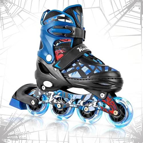 Kuxuan Patines en línea ajustables para niños con ruedas iluminadas, divertidos patines iluminadores para niños, niñas y jóvenes Azul araña