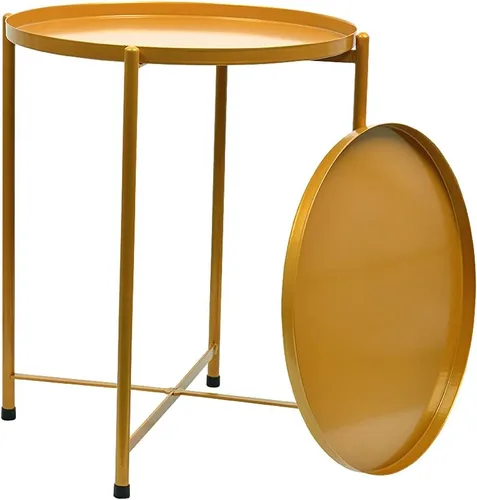 Miniatura 5 de Mesa auxiliar redonda de metal con doble nivel, mesa auxiliar de acento, mesa auxiliar de noche para sala de estar y dormitorio, antioxidante e