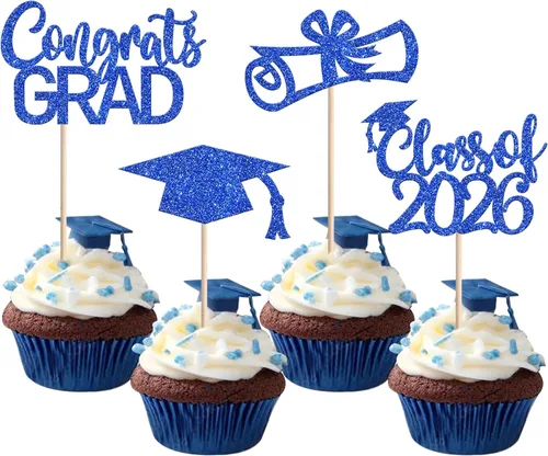 Miniatura 18 de Rsstarxi Paquete de 24 adornos para cupcakes de graduación 2026, con purpurina azul, para la clase de 2026, para diplomas, 24 piezas (6 diseños)