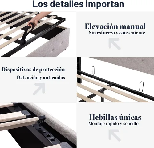 Miniatura 6 de Allewie Cama de almacenamiento elevable tamaño Queen, cabecero capitonado con botones con respaldo de ala, soporte hidráulico, no necesita somier