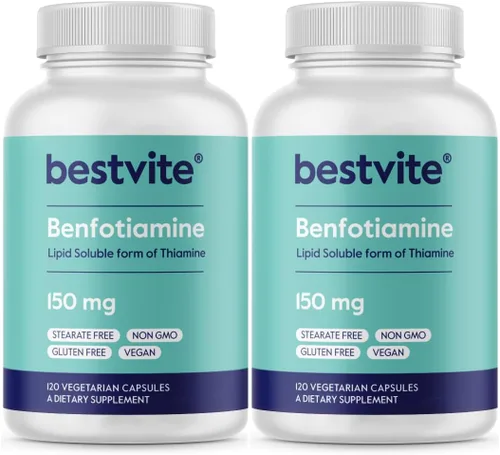 BESTVITE Benfotiamina 150 mg (240 cápsulas vegetarianas) (120 x 2) - Sin estearatos - Sin dióxido de silicio - Vegano - Sin OMG - Sin gluten