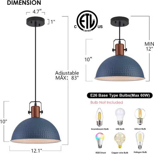 Miniatura 2 de Luces Colgantes Azules de 12 Pulgadas Martilladas Mate, Luces Colgantes para Isla de Cocina Estilo Industrial Granja, Altura Ajustable, Lámparas
