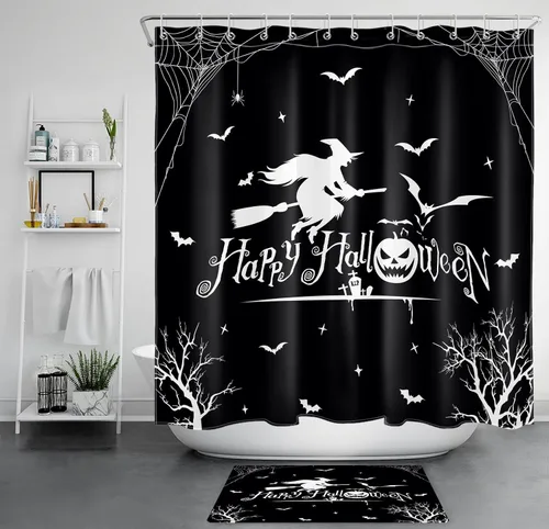 HVEST Cortina de ducha de Halloween y alfombras de baño, escoba de bruja, murciélago, telaraña y árbol muerto sobre tapete de baño, cortina de ducha