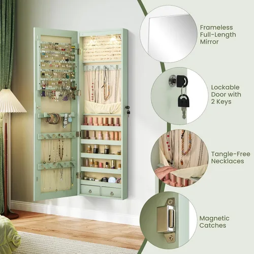 Miniatura 59 de Giantex Armario de joyería para puerta de pared con espejo de longitud completa, 2 LED con cerradura grande organizador de joyas con espejo ancho