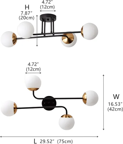 Miniatura 7 de Aiwen Lámpara de techo redonda semiempotrada moderna de 4 luces, acabado negro y dorado con cristal de globo, iluminación de techo de granja