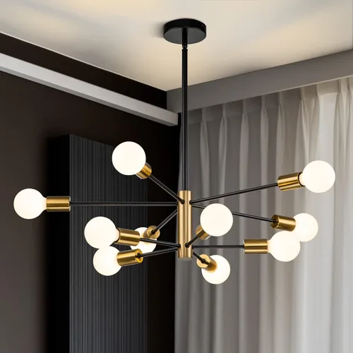 Miniatura 11 de SINERISE Lámpara de Araña Moderna Sputnik, Luminaria de Lámpara de Araña de 12 Luces Luminaria de Techo Lámpara de Araña Negra y Dorada Lámpara
