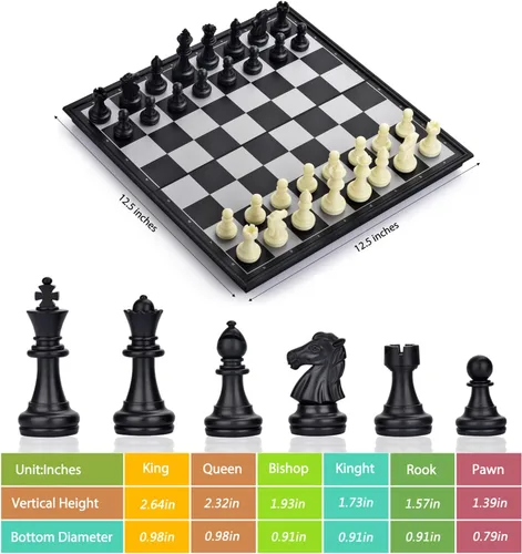 Miniatura 2 de Juego de mesa de backgammon magnético 3 en 1 con tablero plegable de 12.5 pulgadas para niños y adultos (Ajedrez: blanco y negro)