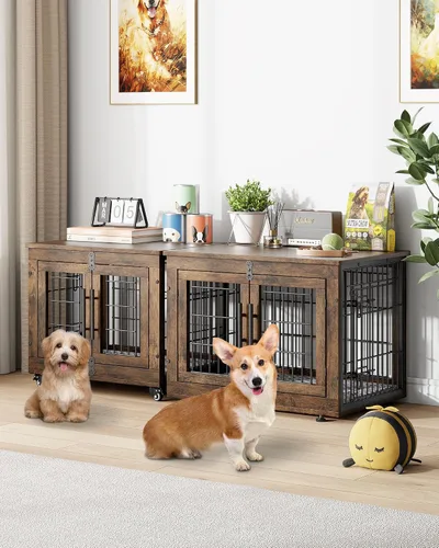 Miniatura 4 de YaFiti Mueble de jaula para perros con cojín, perrera de madera para interiores con puertas dobles, jaula para perros con ruedas, mesa auxiliar