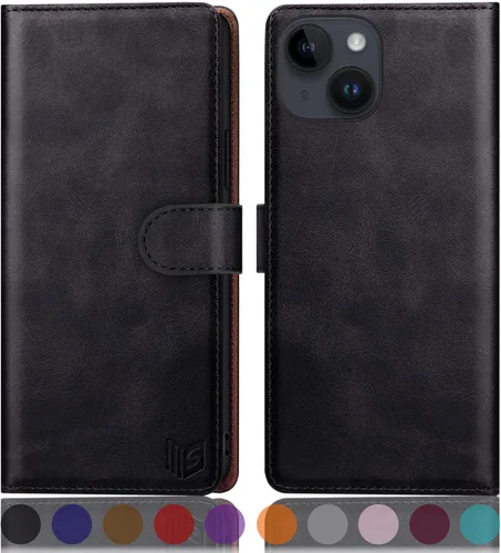 SUANPOT Funda protectora tipo cartera con función atril para iPhone 15 Plus de 6.7 pulgadas, con soporte para tarjetas de crédito RFID, funda de