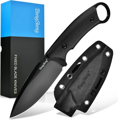 ZhengSheng Cuchillo de hoja fija con funda, hoja de acero DC53 de 3.5 pulgadas con revestimiento de titanio negro y mango G10 de espiga completa