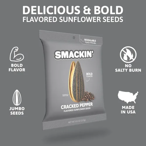 Miniatura 3 de SMACKIN' - Semillas de girasol tostadas extragrandes, sin quemadura salada, hechas en Estados Unidos, fácil de verter y sellar - sabor a pimienta