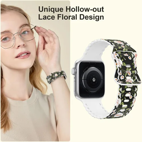 Miniatura 4 de Correa de encaje floral compatible con Apple Watch de 40mm 44mm 46mm 41mm 45mm 38mm 42mm 49mm, mujeres, correa deportiva de repuesto de silicona C