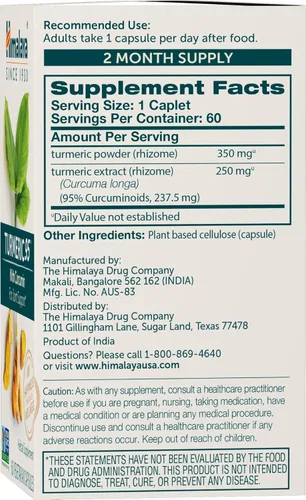 Miniatura 2 de Himalaya Suplemento de cúrcuma 95 con curcumina/curcuminoides, apoyo articular y muscular, flexibilidad y movilidad óptimas, 600 mg, sin OMG