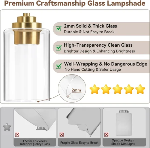 Miniatura 3 de Lámparas de baño de 3 luces, 19 pulgadas, modernas luces de tocador sobre espejo con pantallas de vidrio transparente, accesorio de luz dorada