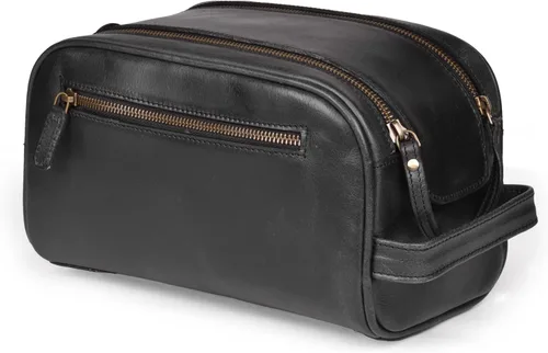 LEATHER VILLAGE - Bolsa de viaje para artículos de tocador de cuero premium con forro impermeable | Kit de neceser vintage hecho a mano de tamaño