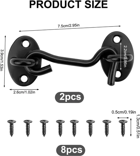 Miniatura 2 de Pestillo de gancho y ojo para puerta, paquete de 2 cerraduras de puerta de granero negro de 3 pulgadas, cerraduras de puerta de acero inoxidable