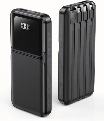 RONEGN Cargador portátil con cable integrado, cargador de batería de carga rápida USB C, pantalla LED de 10000 mAh, 5 salidas y 3 entradas para