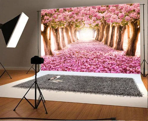 Miniatura 2 de AOFOTO Fondo de vinilo de flores de cerezo de primavera de 7 x 5 pies, diseño de flores rosadas, árbol de pétalos florales, boulevard, fotografía