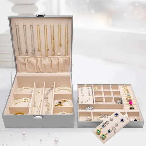 Miniatura 6 de ProCase - Joyero grande de cuero con dos niveles para organizar aretes pulseras anillos relojes para mujeres niñas regalo ideal para novia o esposa