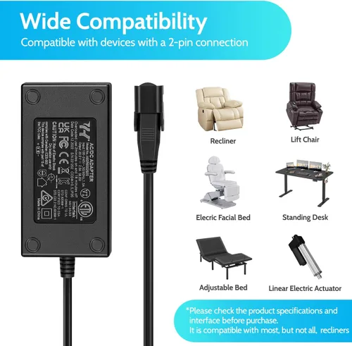 Miniatura 2 de Sopito - Fuente de alimentación reclinable de 2 pines, adaptador AC/DC de 2 pines 100-240 V 50/60 Hz, transformador de conmutación de calidad 29 V 2