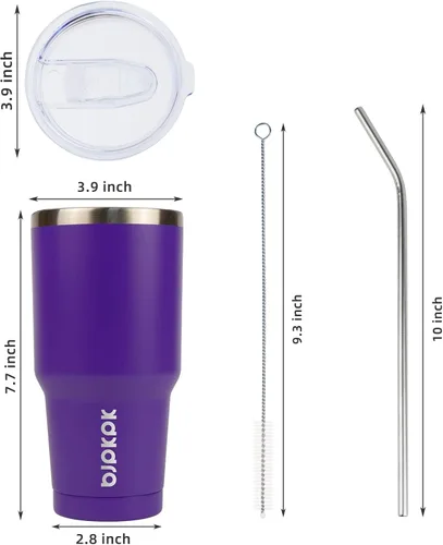 Miniatura 3 de BJPKPK Vaso de acero inoxidable de 30 onzas con tapa y pajita, aislado al vacío, vaso de agua y café de doble pared, color morado Púrpura-30oz