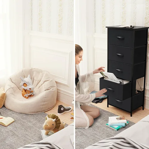Miniatura 8 de Crestlive Products Torre de almacenamiento vertical para vestidor - Estructura resistente de acero, parte superior de madera, cajones de tela Negro