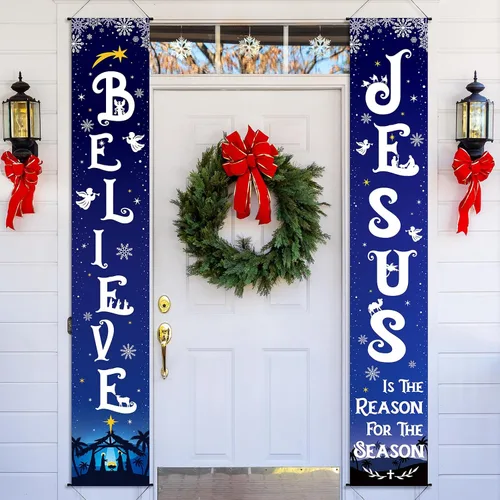 Miniatura 10 de Tiamon Cartel de Navidad para porche delantero, letrero de belén religioso de invierno, cartel colgante de vacaciones, decoración de Navidad
