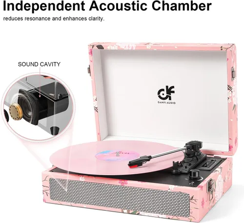 Miniatura 10 de Tocadiscos de vinilo Bluetooth con altavoces integrados, tocadiscos portátil vintage con diseño floral, fonógrafo de vinilo de 3 velocidades