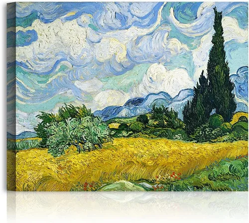 A&T ARTWORK Campo de trigo con cipreses de Van Gogh Las reproducciones de arte clásico mundial, impresiones en lienzo giclée para decoración del