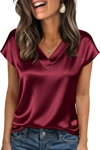 Miniatura 16 de Zeagoo - Camisetas de mujer de satén de seda, tops de manga corta con cuello en V, blusas para negocios y conjuntos casuales, talla S-2XL