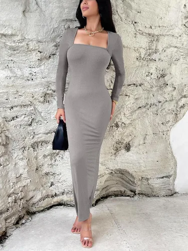 Miniatura 5 de Vestidos ajustados para mujer, con cuello cuadrado, manga larga, suave, acanalado, ajustado, 2023